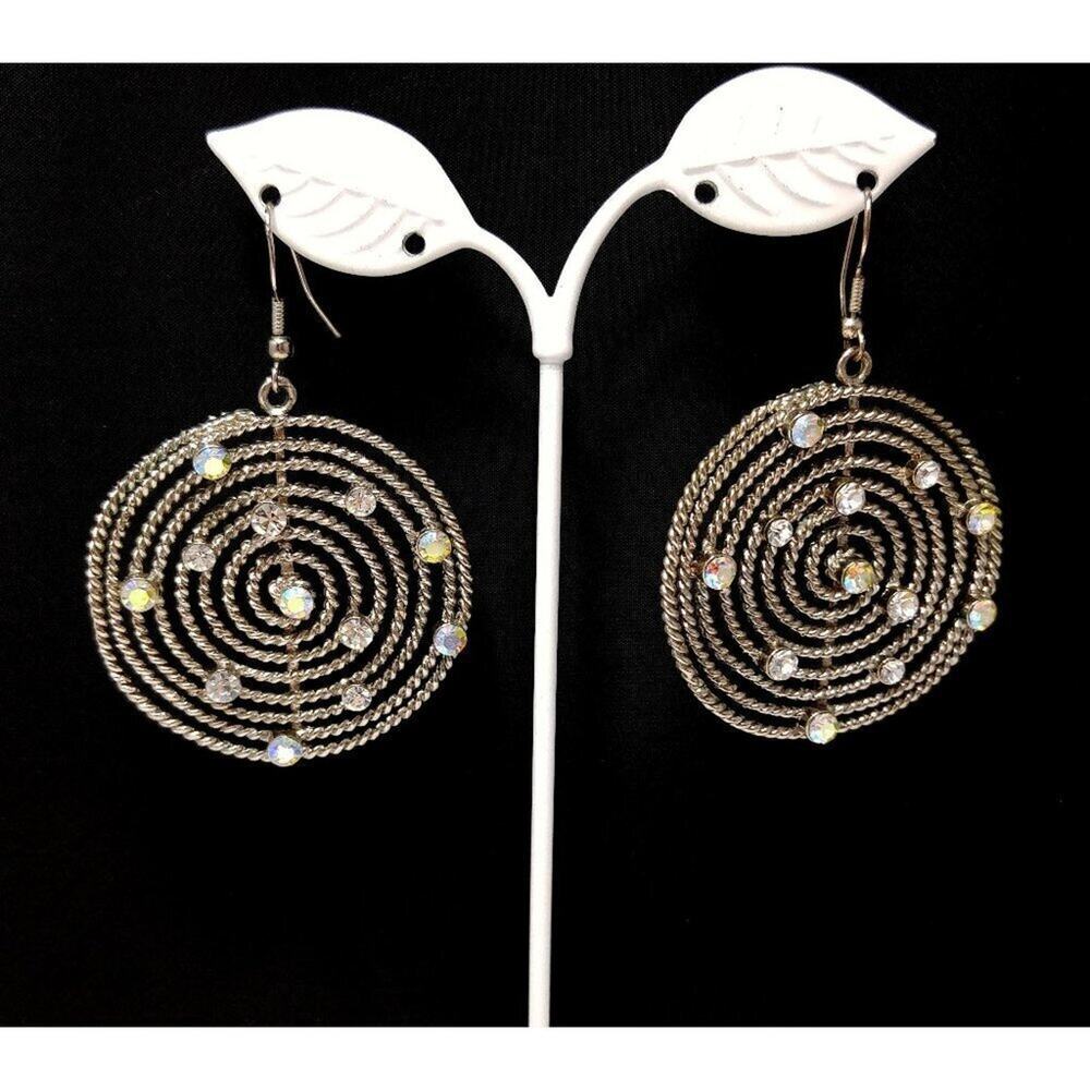 Vintage Rhinestone Silver Tone Spiral Drop Earrings, Aurora Borealis, 1980s